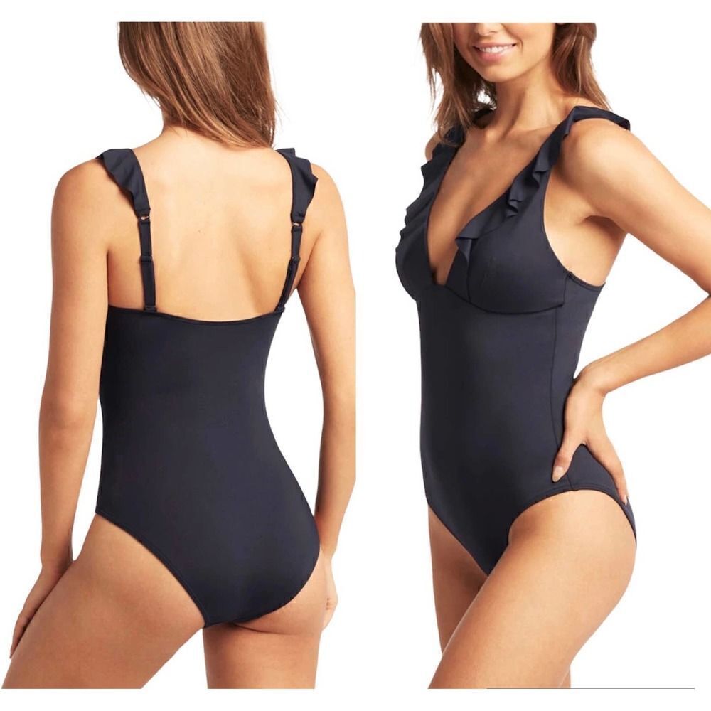Sea Level Australia Eco Essentials Frill One Piece Black Size 4 NWOT - Picture 1 of 11